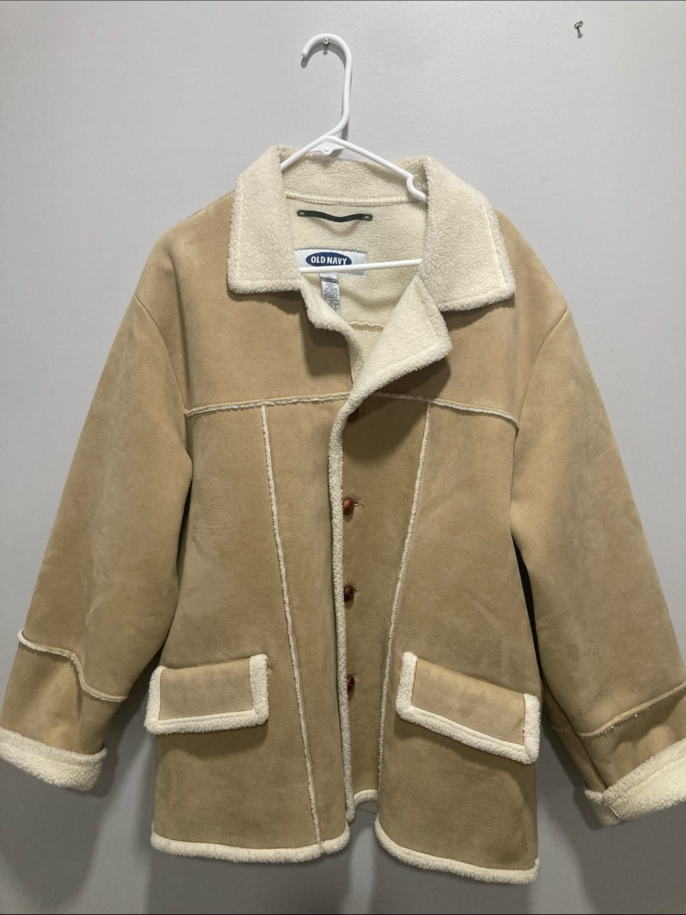 VTG Y2K Old Navy Tan Sherpa-Trim rancher coat.